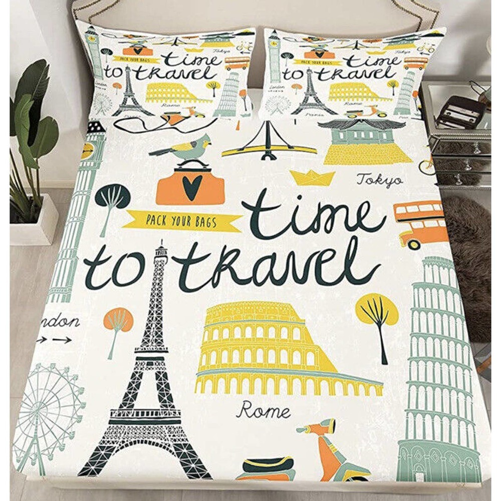 Time To Travel Microfiber Twin Sheet Set New 3 Piece Set Eiffel Tower Landscape